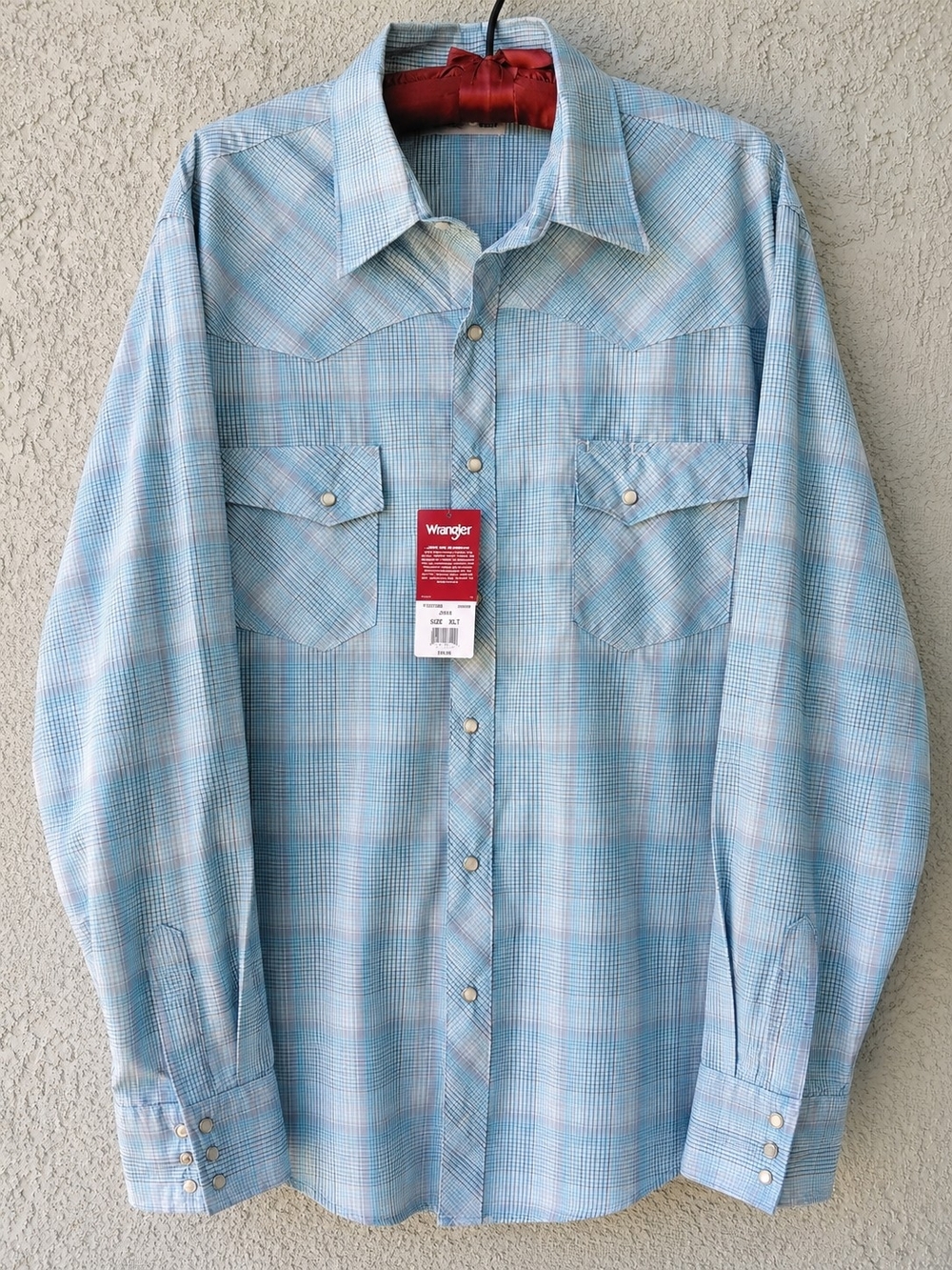 NWT Wrangler Rancher Western Pearl Snap Plaid Shirt XLT Tall Blue Cowboy